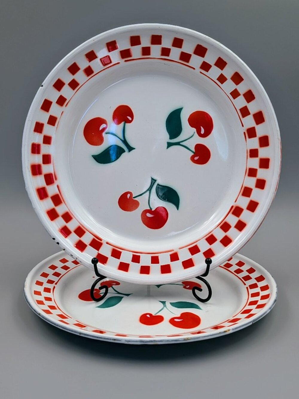 Pair of Vintage Goldfish Brand Enamelware Plates - Cherries & Checkerboard Rim